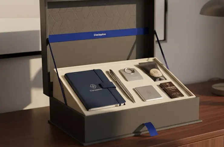 Premium corporate gift set containing a notebook, pen, and accessories in an elegant box