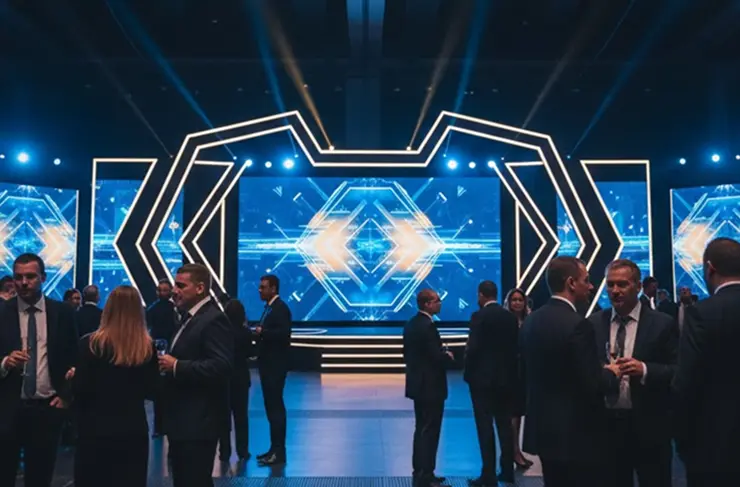 Futuristic digital stage design with neon blue lighting and geometric shapes for a corporate event