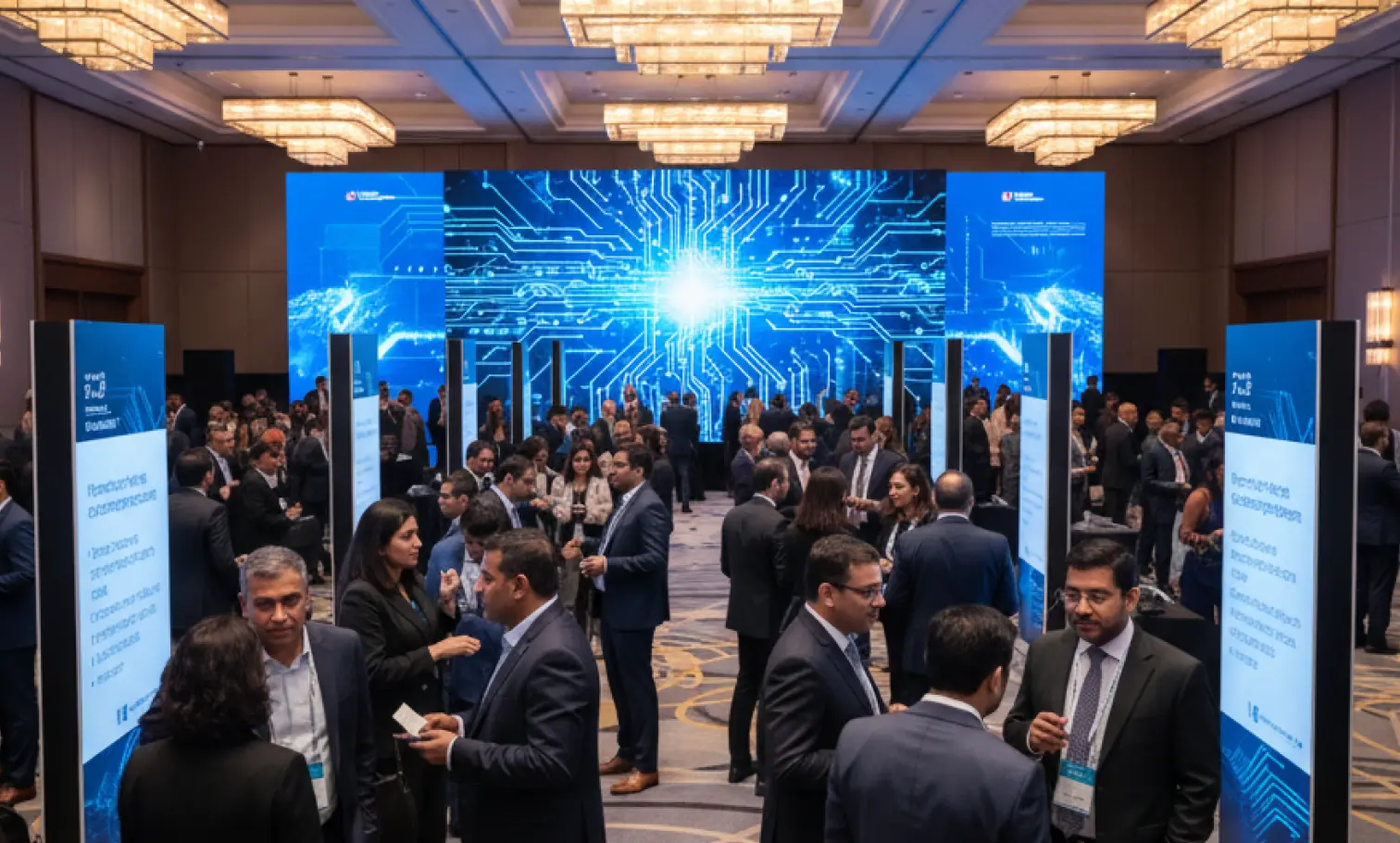Large technology conference networking event with attendees mingling in front of a massive blue digital stage screen under elegant chandeliers