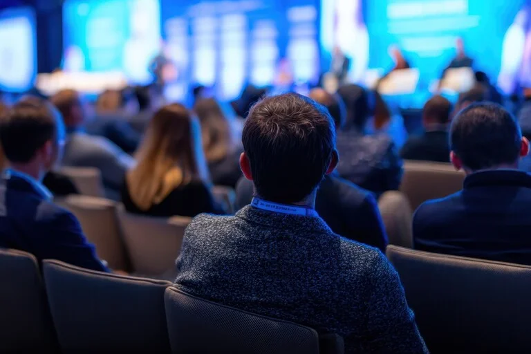 Audience member watching a presentation on a blue-lit stage from the crowd
