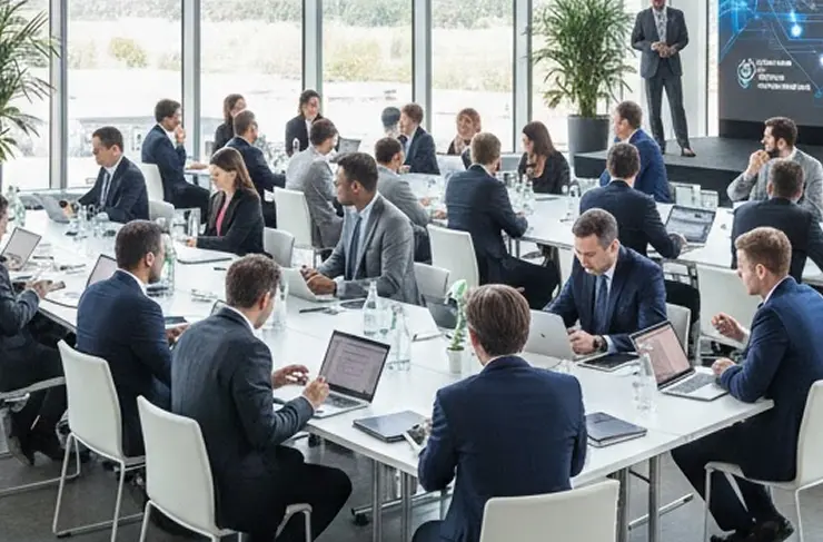 Professionals networking and collaborating at large conference roundtables in a modern well-lit venue